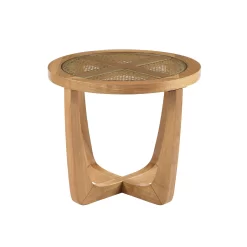 Beautiful Rattan & Glass Side Table with Solid Wood Frame by Drew Barrymore, Warm Honey Finish