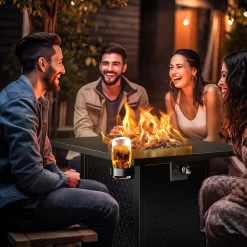 Myfurnideal 28 Inch Propane Fire Pits with Lid and Lava Rock, 50000 BTU Steel Gas Fire Pit Table for Outdoor