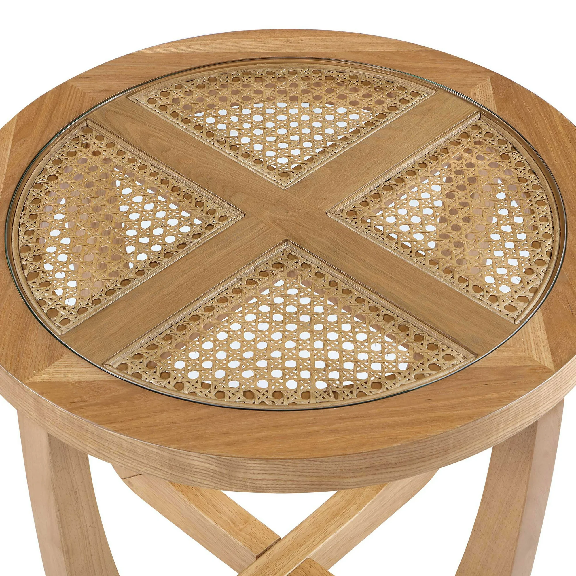 Beautiful Rattan & Glass Side Table with Solid Wood Frame by Drew Barrymore, Warm Honey Finish
