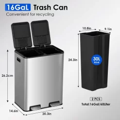 FDW 16 Gallon Stainless Steel Dual Compartment Step Kitchen Trash Can with Lids for Indoor(Silver)