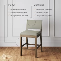 Nathan James Linus Modern Upholstered Counter Height Bar Stool, Light Grey/Brown