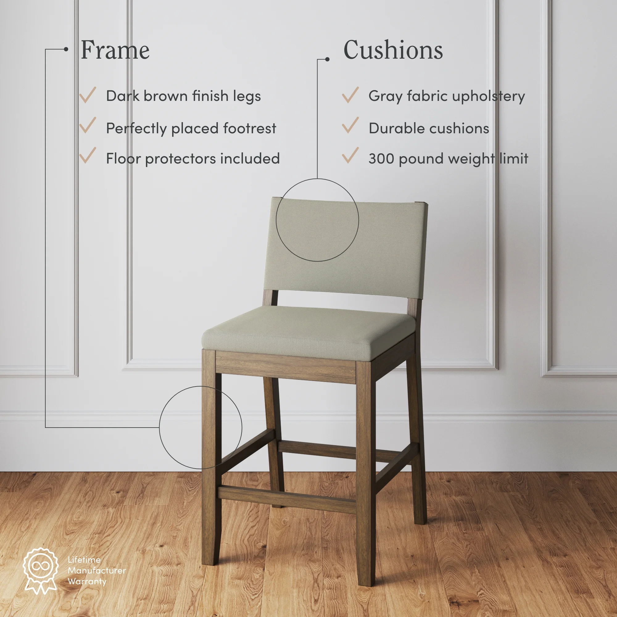 Nathan James Linus Modern Upholstered Counter Height Bar Stool, Light Grey/Brown
