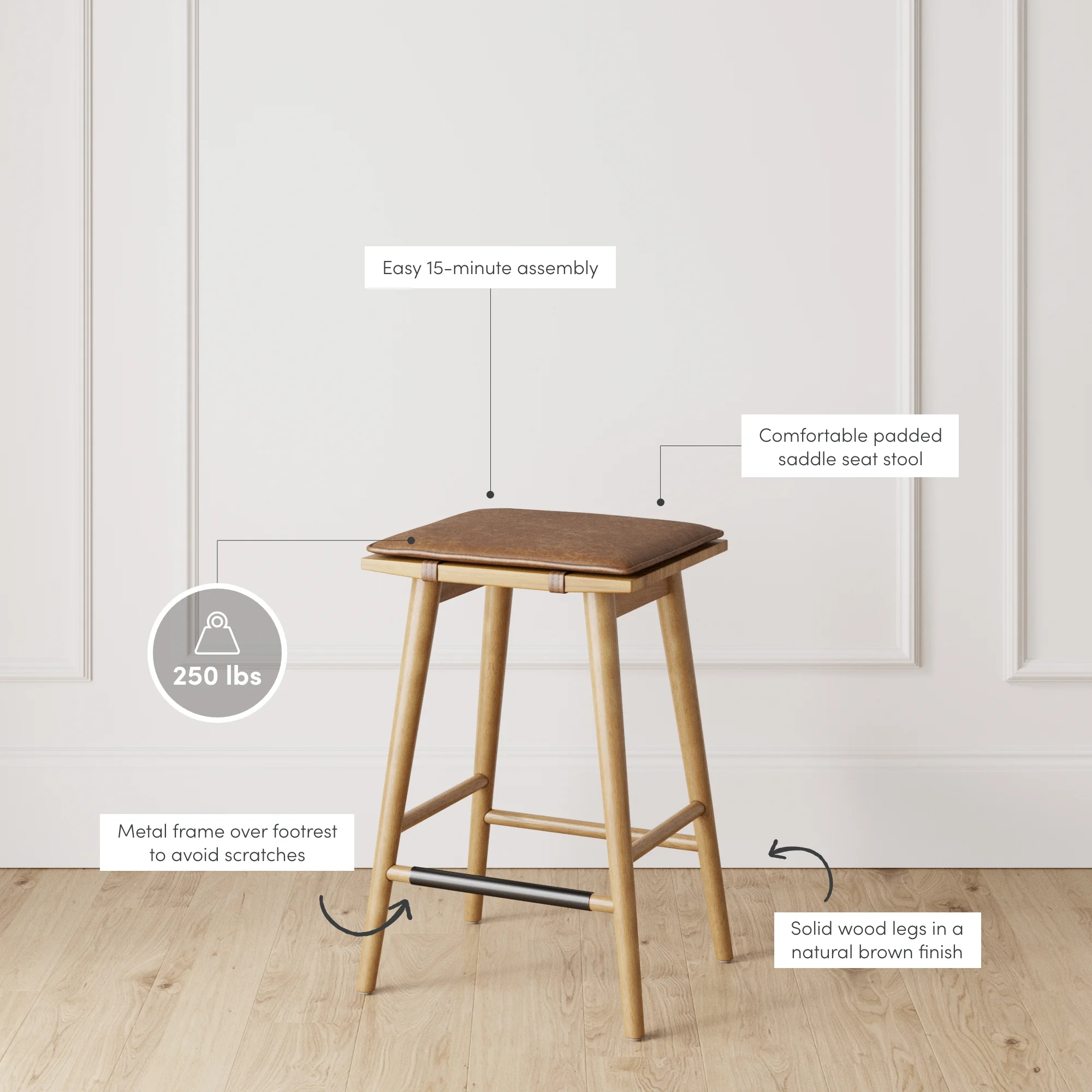Nathan James Barker 24" Counter Height Backless Wood Barstool with Leather Removable Cushion for Kitchen, Chestnut Brown