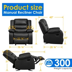 TrumanPick Manual Recliner Rocker Chair, Leather Rocker Recliner Living Room Theater Reclining Chairs for Adults Small Spaces, Black