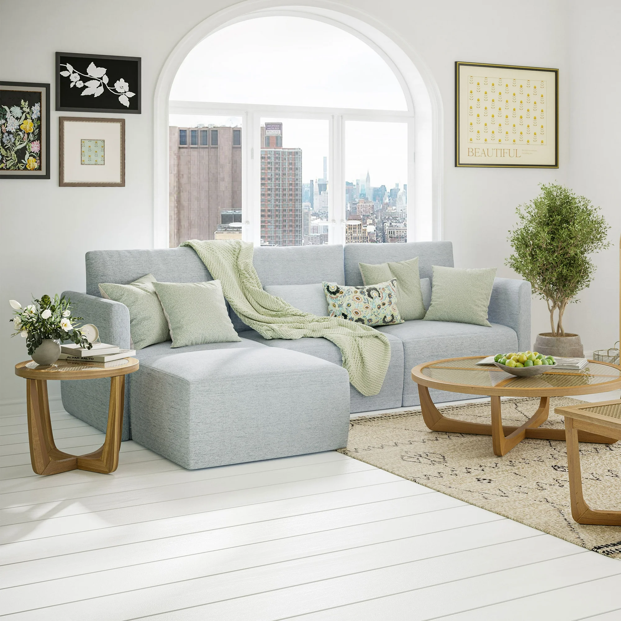Beautiful Rattan & Glass Side Table with Solid Wood Frame by Drew Barrymore, Warm Honey Finish