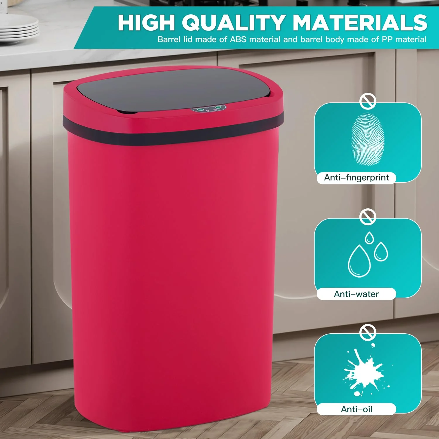 BestOffice 13 Gallon Plastic Touchless Trash Can with Motion Sensor for Indoor Use, 2 Pack(Red)
