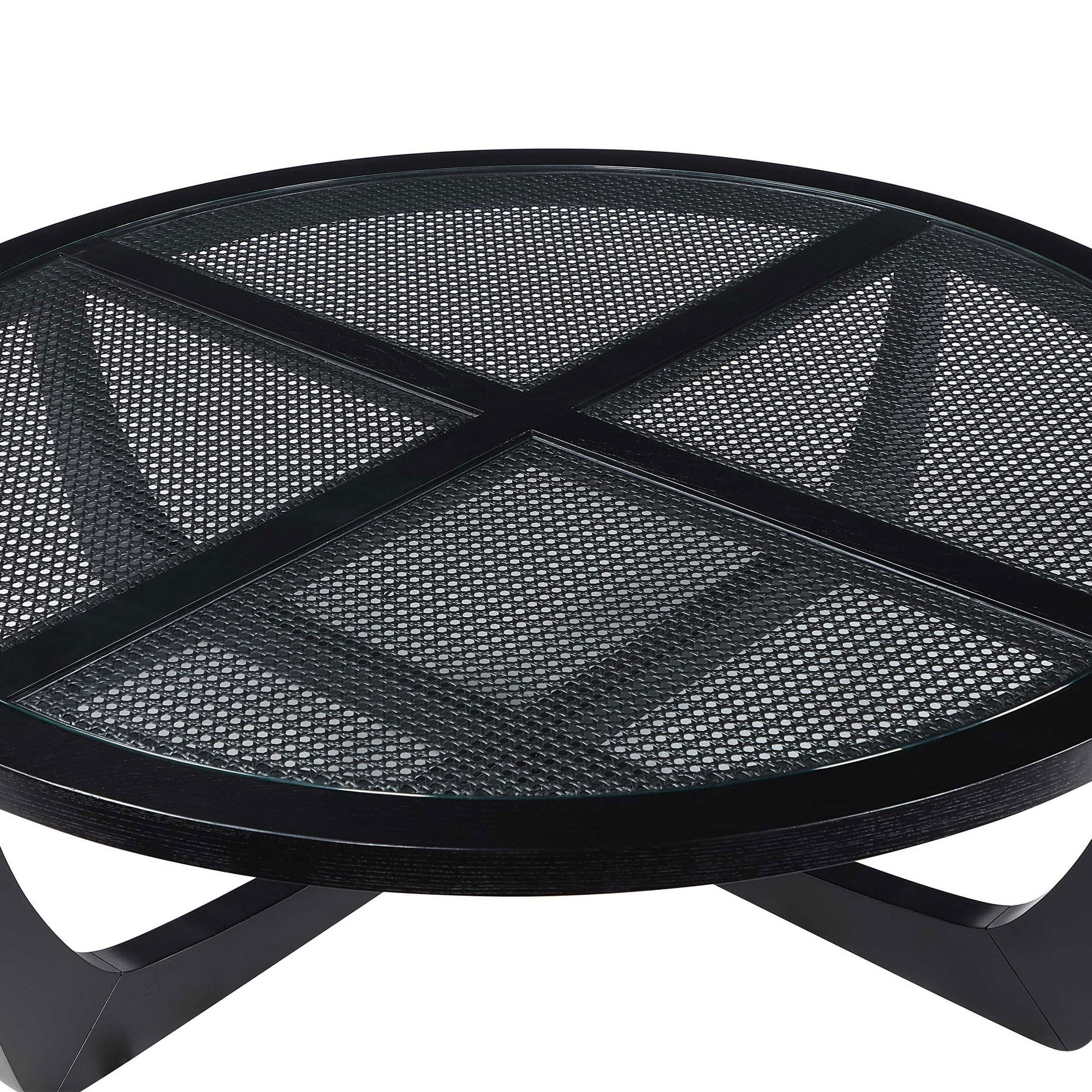 Beautiful by Drew Barrymore Round Rattan and Glass Top Coffee Table, Black