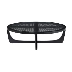 Beautiful by Drew Barrymore Round Rattan and Glass Top Coffee Table, Black