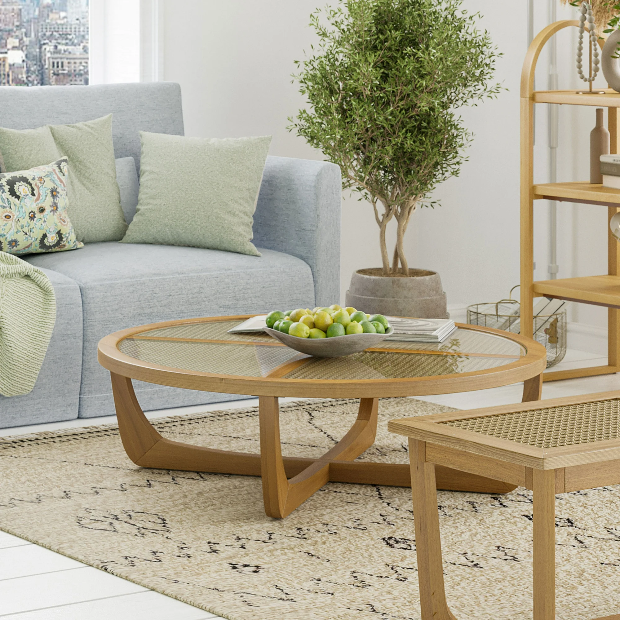 Beautiful by Drew Barrymore Round Rattan & Glass Top Coffee Table with Solid Wood Frame, Warm Honey Finish