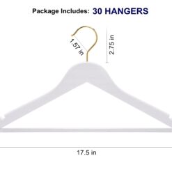 Amber Home 30 Pack Solid Wood Suit Coat Hangers, Smooth White Finish Wooden Dress Hangers with Non Slip Pant Bar (White+Gold, 30)