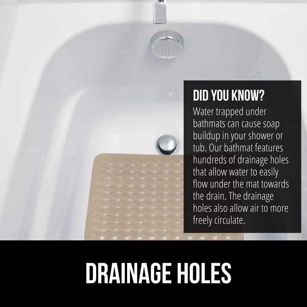 GORILLA GRIP Patented Bath Tub Shower Mat, 35"x16" Washable Bathtub Floor Mats, Suction Cups and Drain Holes to Keep Tubs Clean, Beige