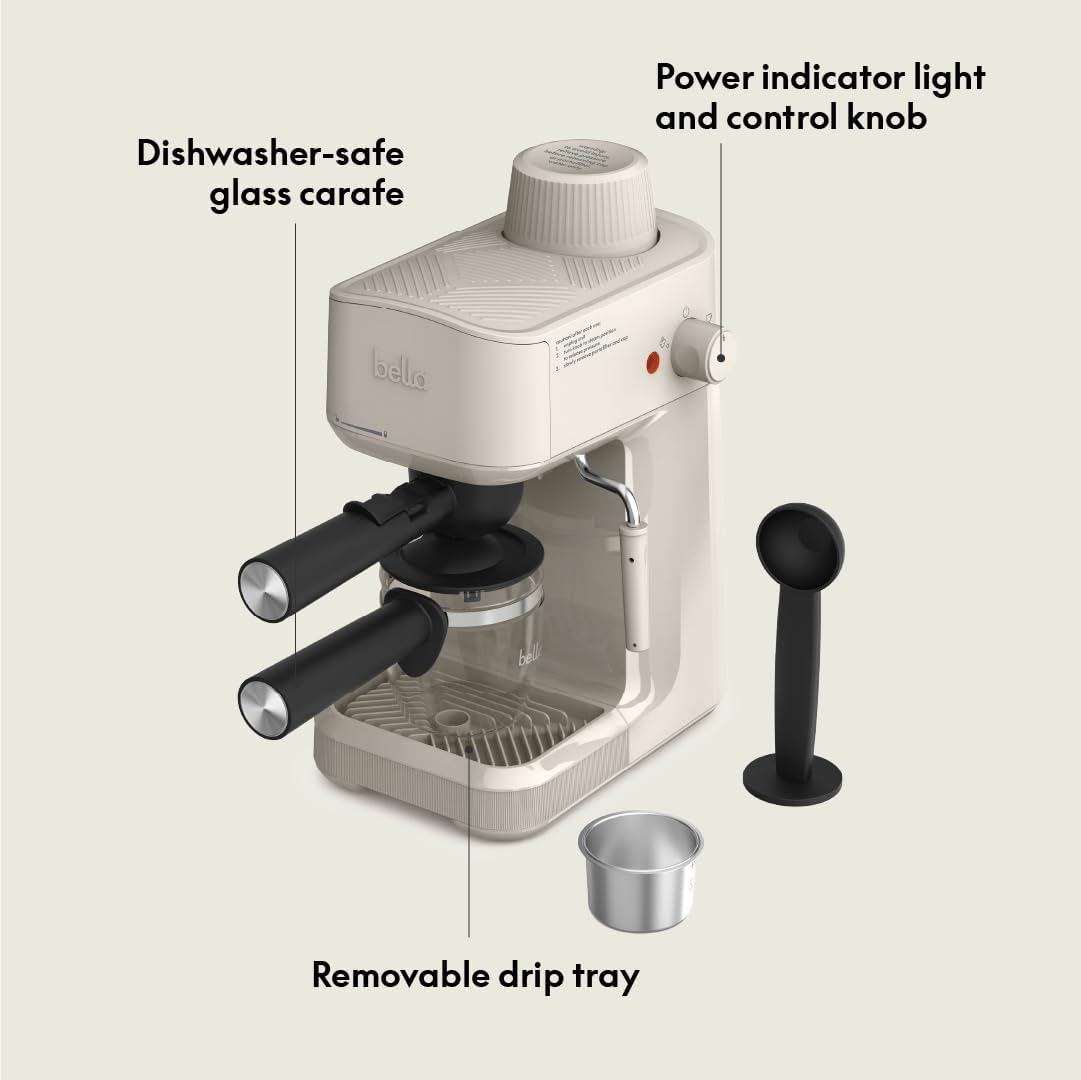 BELLA Steam Espresso Maker with Microfoam Wand, Removable Drip Tray & Dishwasher Safe Glass Carafe & Portafilters, 3.5 Bar, Oatmilk