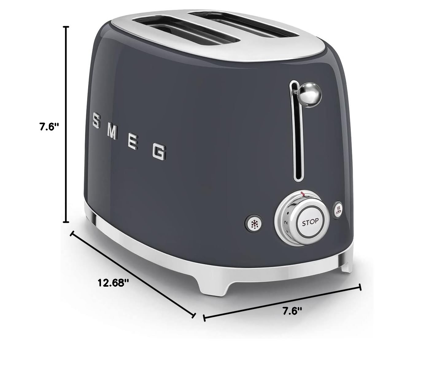 Smeg 50's Style Retro Aesthetic 2 Slice Toaster 6 Presets Extra Wide Slots Grey, TSF01GRUS
