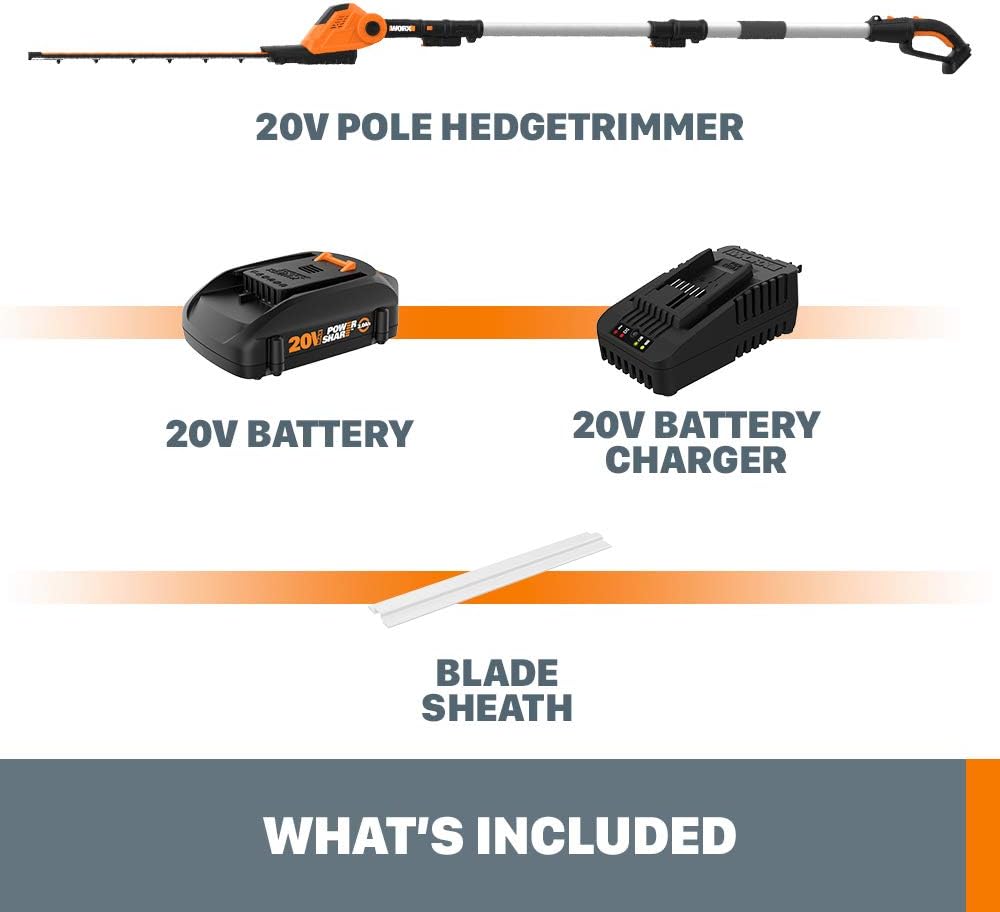 WORX WG252 20V 20" Cordless Hedge Trimmer, Reach Up to 12 Feet, Extended Pole – Battery & Charger Included