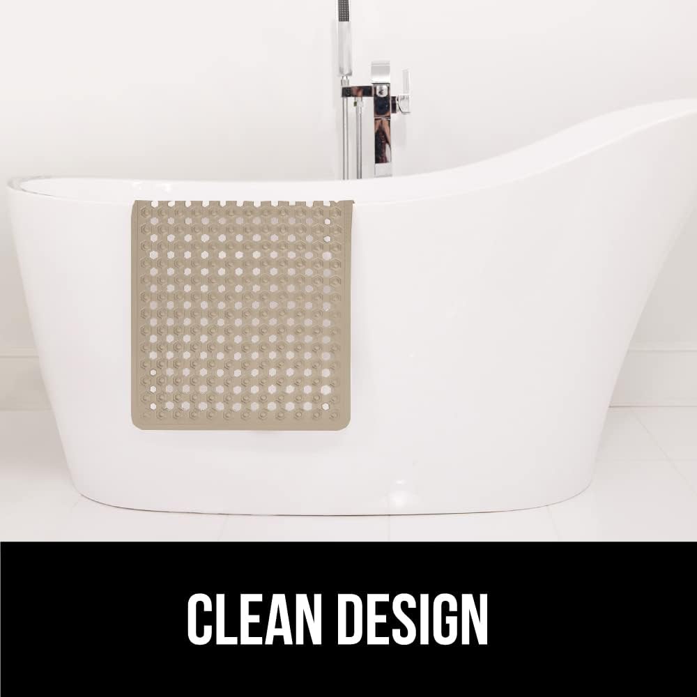 GORILLA GRIP Patented Bath Tub Shower Mat, 35"x16" Washable Bathtub Floor Mats, Suction Cups and Drain Holes to Keep Tubs Clean, Beige