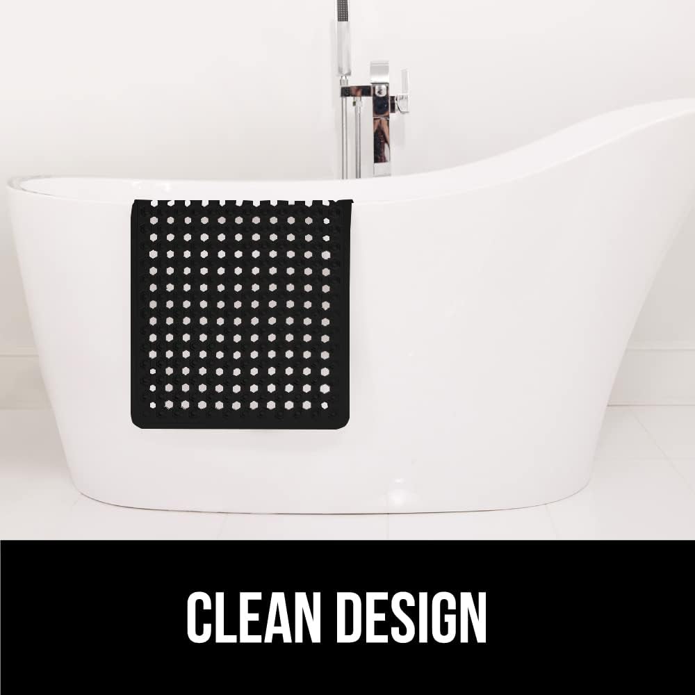GORILLA GRIP Patented Bath Tub Shower Mat, 35x16 Washable Bathtub Floor Mats, Suction Cups and Drain Holes to Keep Tubs Clean, Black