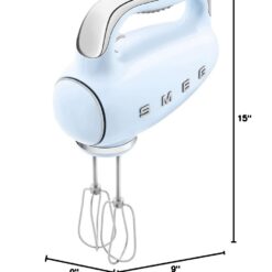 SMEG Pastel Blue 50's Retro Style Electric Hand Mixer with Set of Beaters, Set of Dough Hooks and Set of Whisks