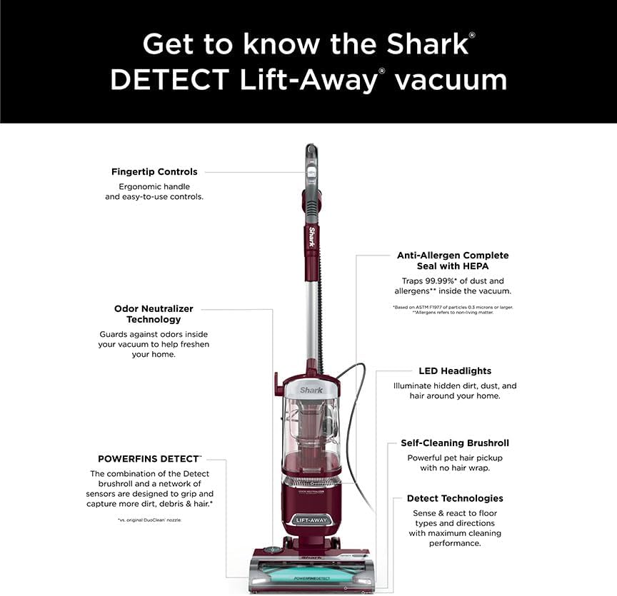 Shark DETECT Lift-Away Corded Upright Vacuum with Detect Technology, Self-Cleaning Brushroll for No Hair Wrap, Burgundy, LA492