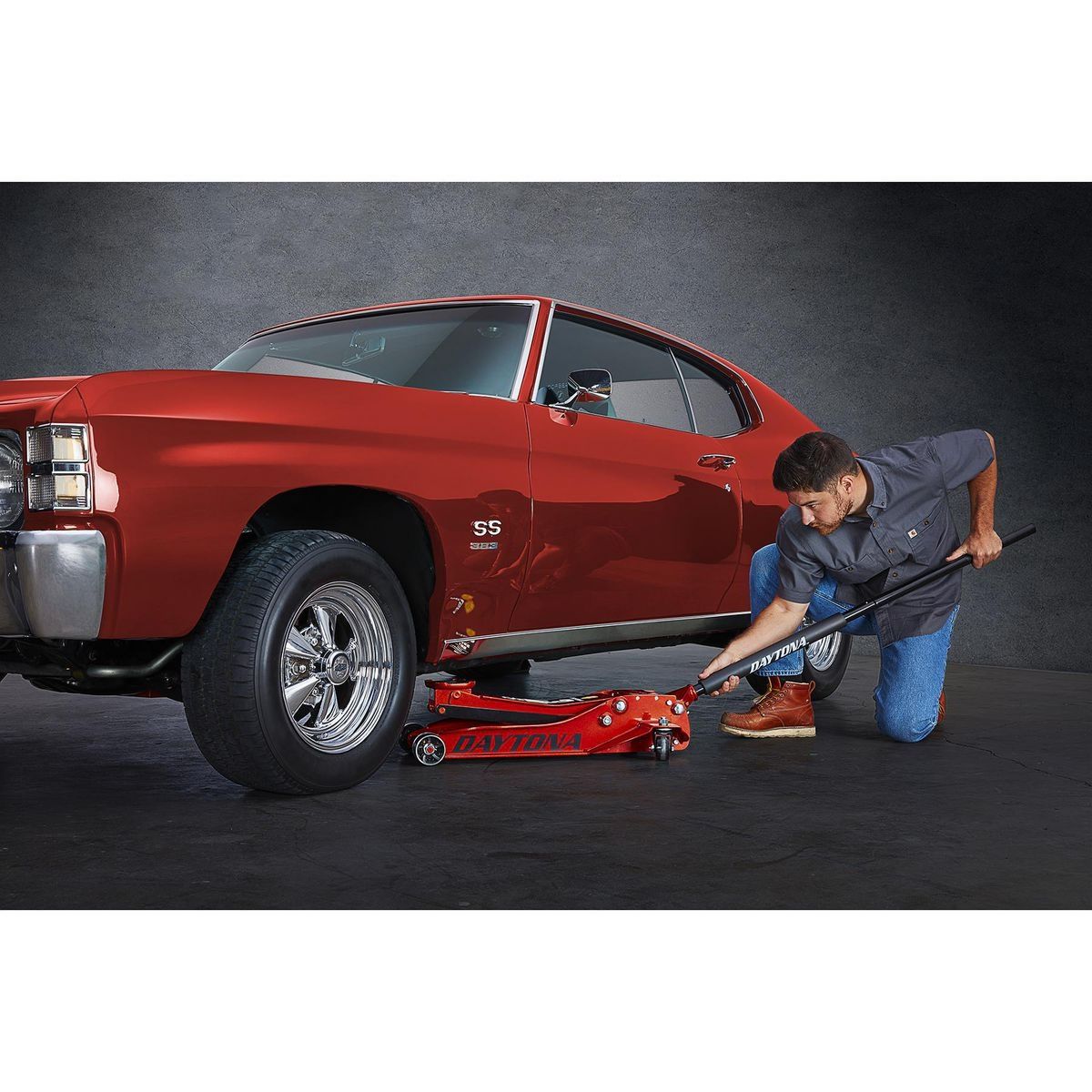DAYTONA 3 Ton Low-Profile Superduty Floor Jack with RAPID PUMP, Sunburst Metallic Orange