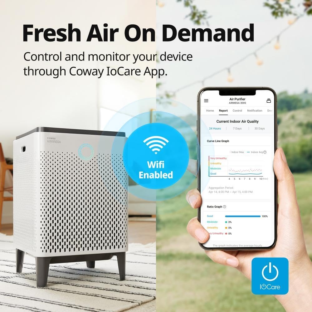 Coway Airmega 300S App-Enabled Smart Air Purifier (Covers 1,256 sq. ft.), True HEPA Air Purifier with Smart Technology