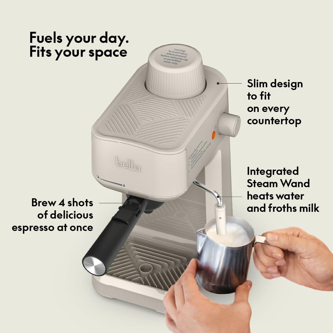 BELLA Steam Espresso Maker with Microfoam Wand, Removable Drip Tray & Dishwasher Safe Glass Carafe & Portafilters, 3.5 Bar, Oatmilk