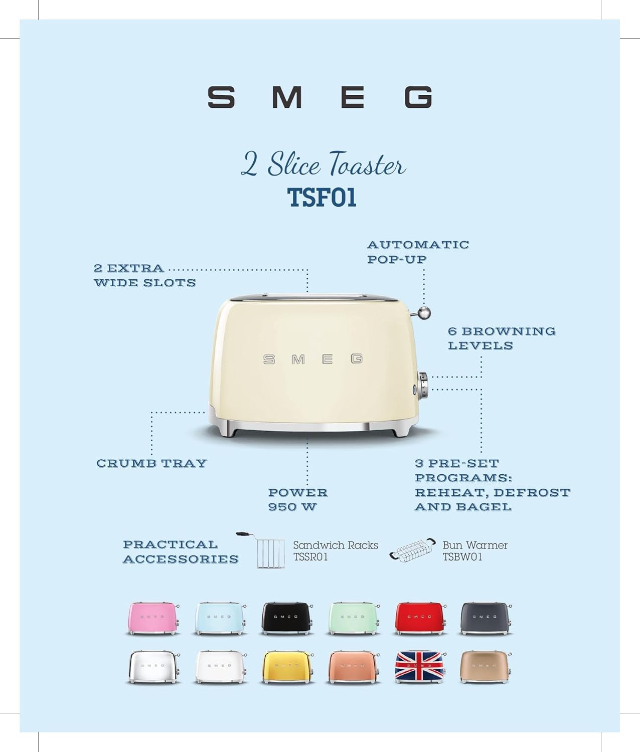 SMEG 50's Retro Style 2 Slice Toaster, White