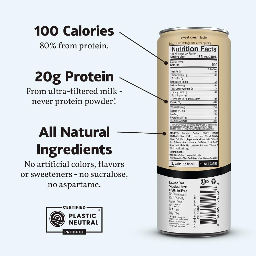 Slate Milk - Sweet Cream Latte, No Sugar Added - Protein Coffee - 11 fl oz, 12 Cans