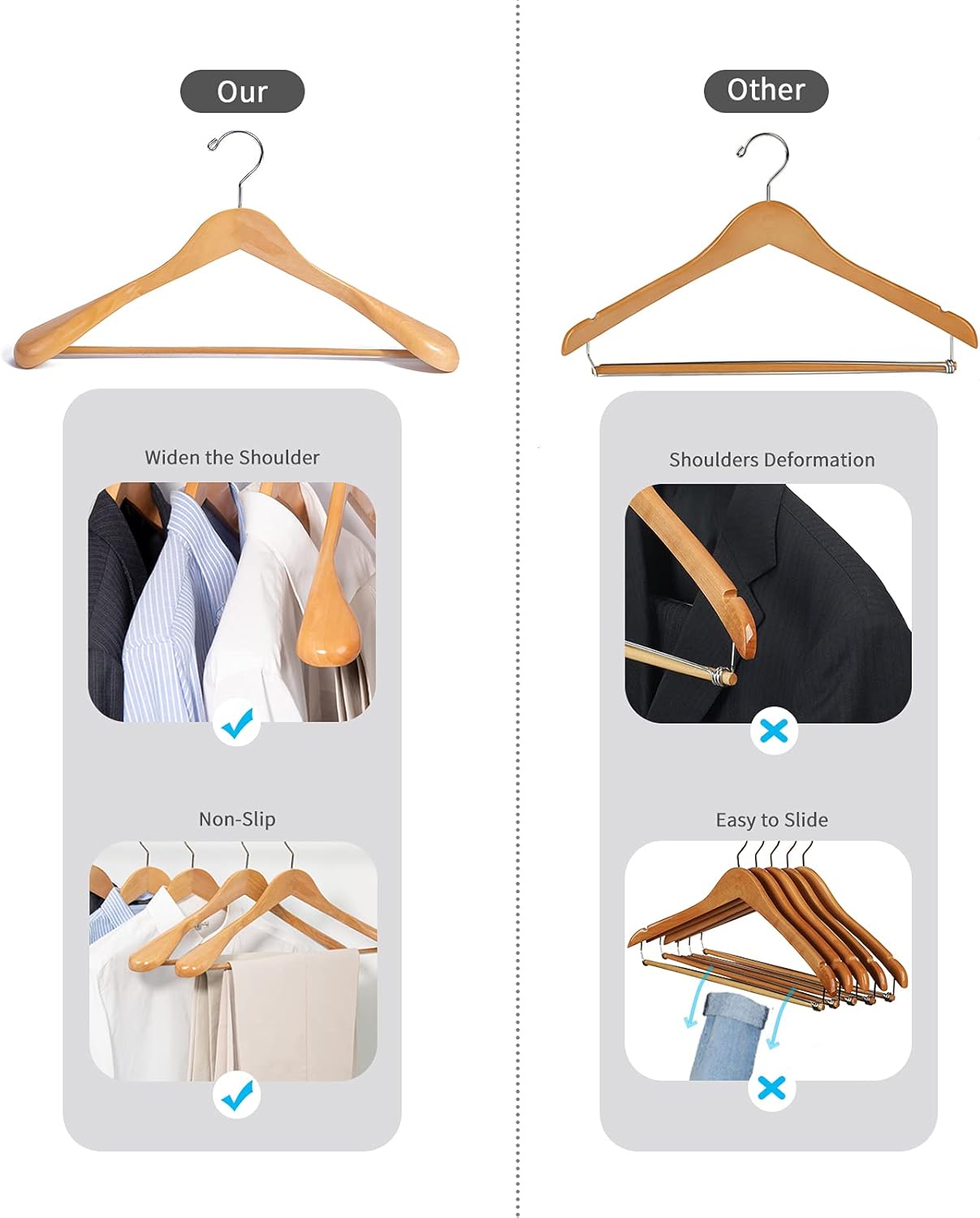 Nature Smile Luxury Natural Wooden Suit Hangers, Wood Coat Hangers, Jacket Outerwear Shirt Hangers - 6 Pack