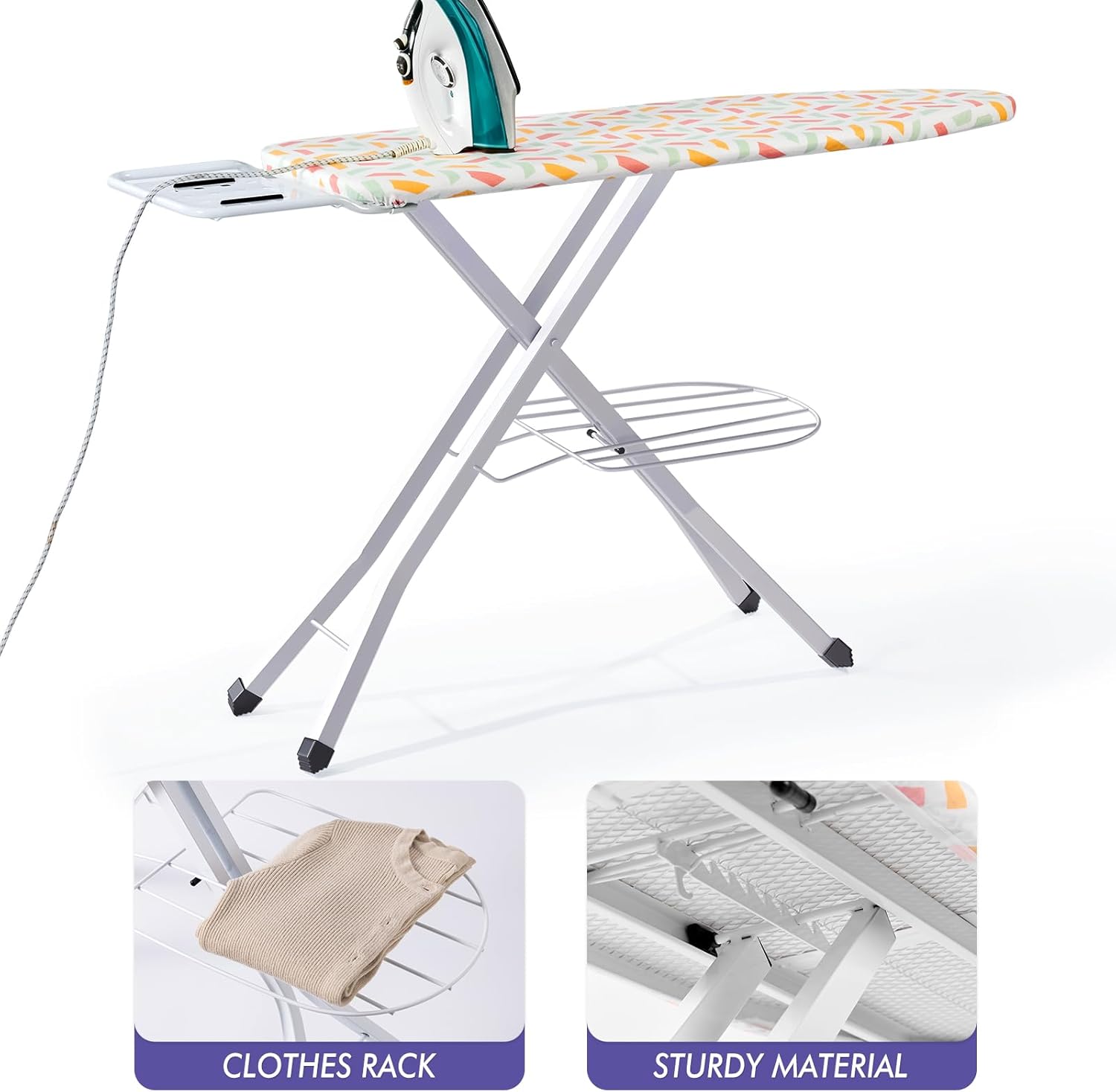 BKTD Ironing Board, Heat Resistant Cover Iron Board with Steam Iron Rest, Heavy Sturdy Metal Frame Legs Iron Stand, Geometric White