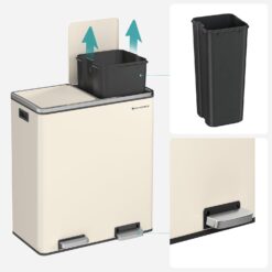 SONGMICS Trash Can, 2 x 8 Gallon (2 x 30 L) Garbage Can for Kitchen, with 15 Trash Bags, 2 Compartments, Almond Color ULTB201A01