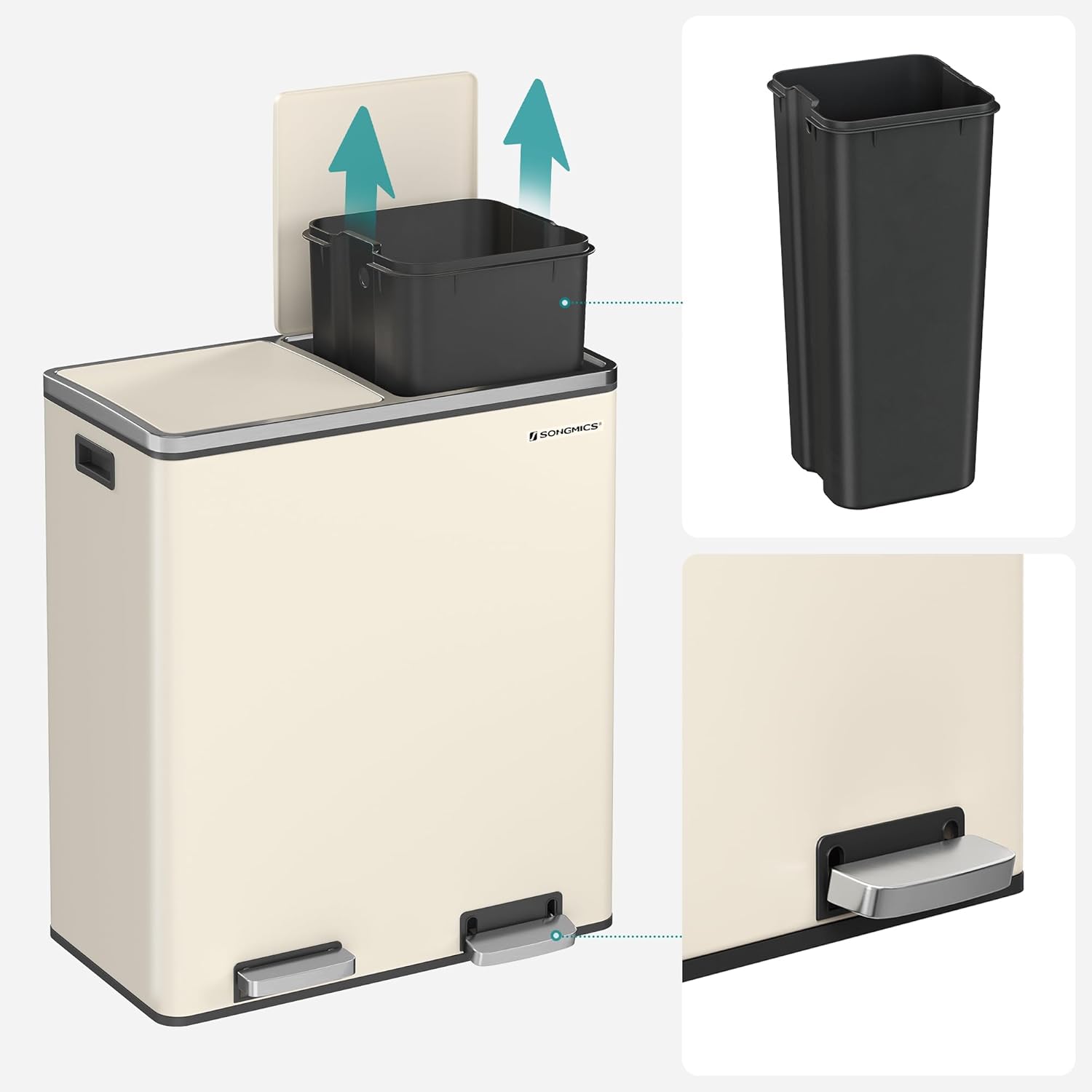 SONGMICS Trash Can, 2 x 8 Gallon (2 x 30 L) Garbage Can for Kitchen, with 15 Trash Bags, 2 Compartments, Almond Color ULTB201A01