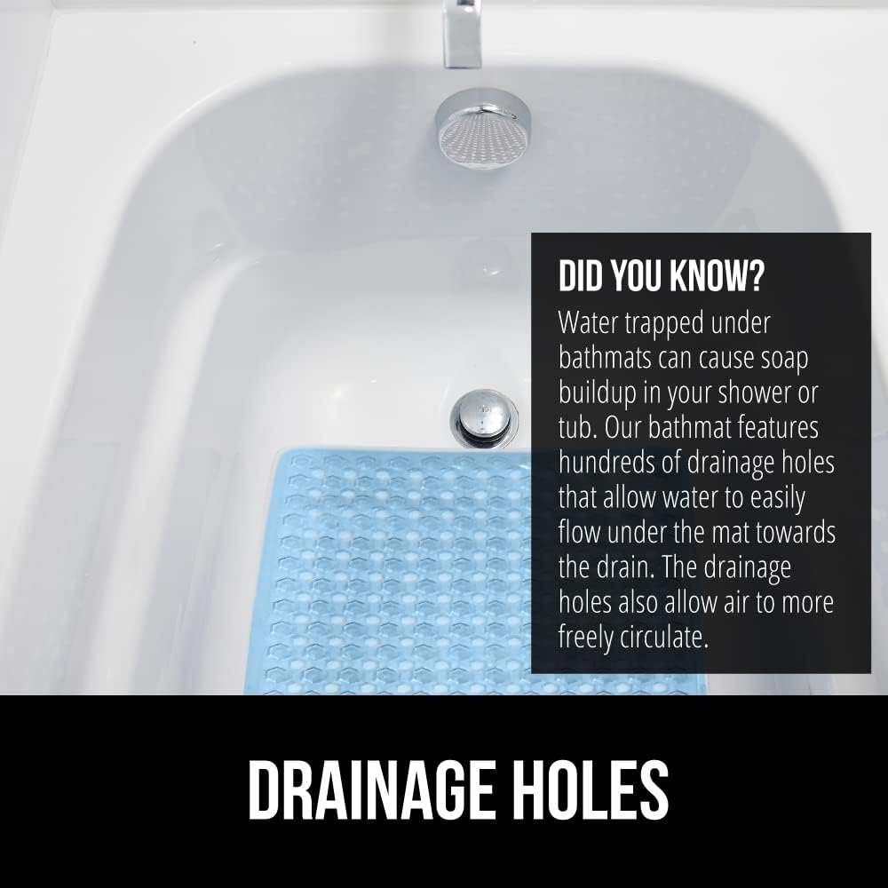 GORILLA GRIP Patented Bath Tub Shower Mat, 35x16 Washable Bathtub Floor Mats, Suction Cups and Drain Holes to Keep Tubs Clean, Blue