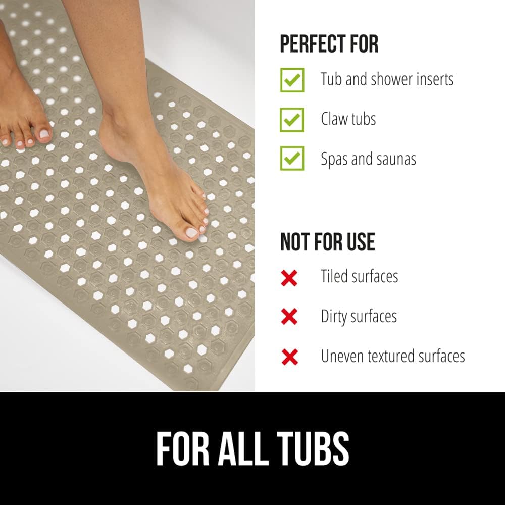 GORILLA GRIP Patented Bath Tub Shower Mat, 35"x16" Washable Bathtub Floor Mats, Suction Cups and Drain Holes to Keep Tubs Clean, Beige