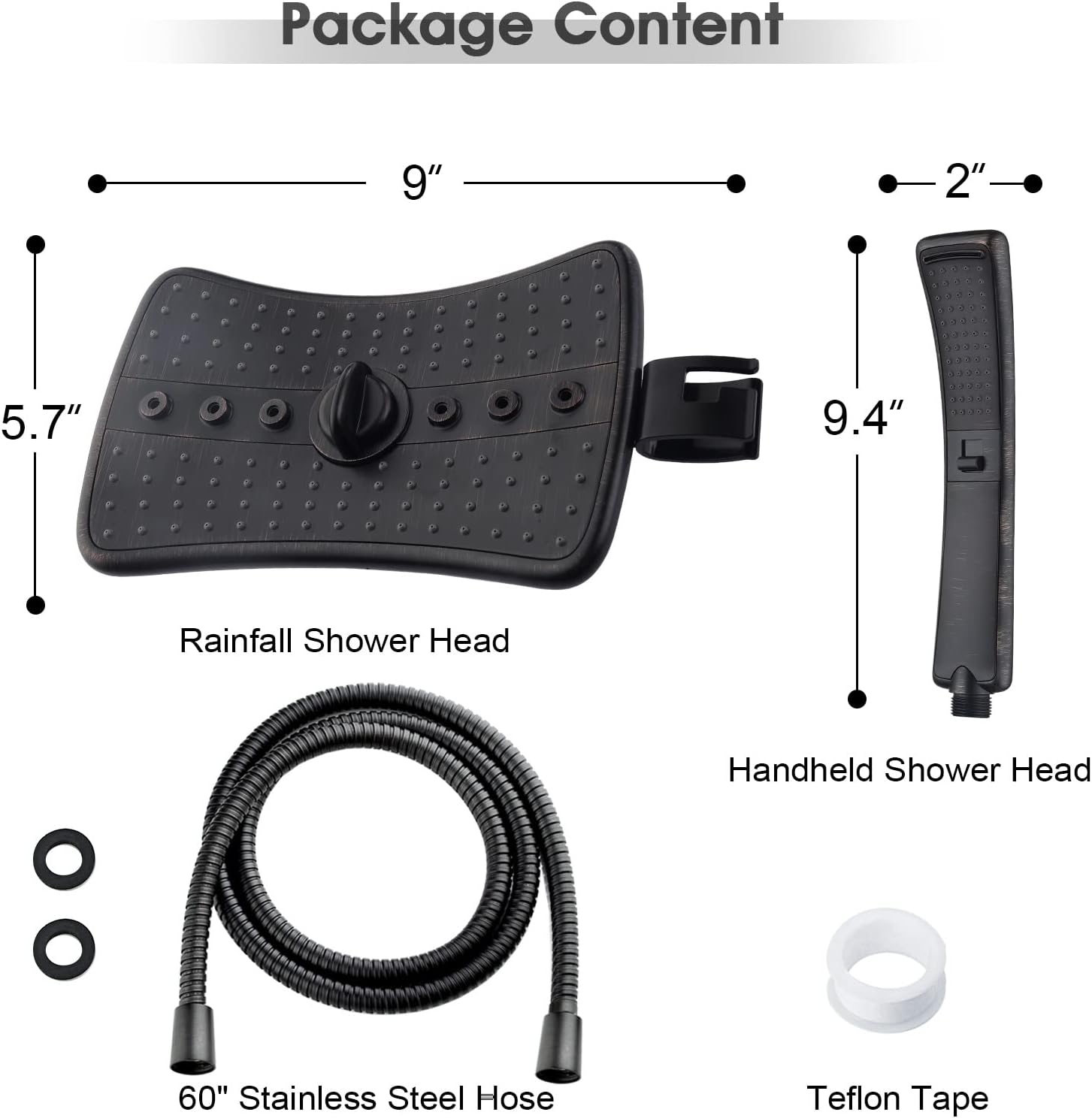 BRIGHT SHOWERS Four Spray Settings Shower Head Set Oil Rubbed Bronze and Black Finishing with 60" Long Stainless Steel Shower Hose