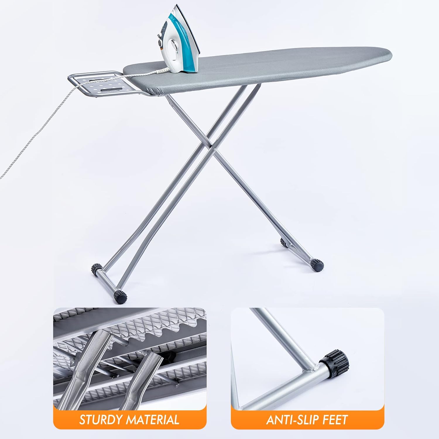 BKTD Foldable Ironing Board with Heat Resistant Cover - Sturdy Metal Frame (13 x 34 x 53 Inches) (Silver Gray)