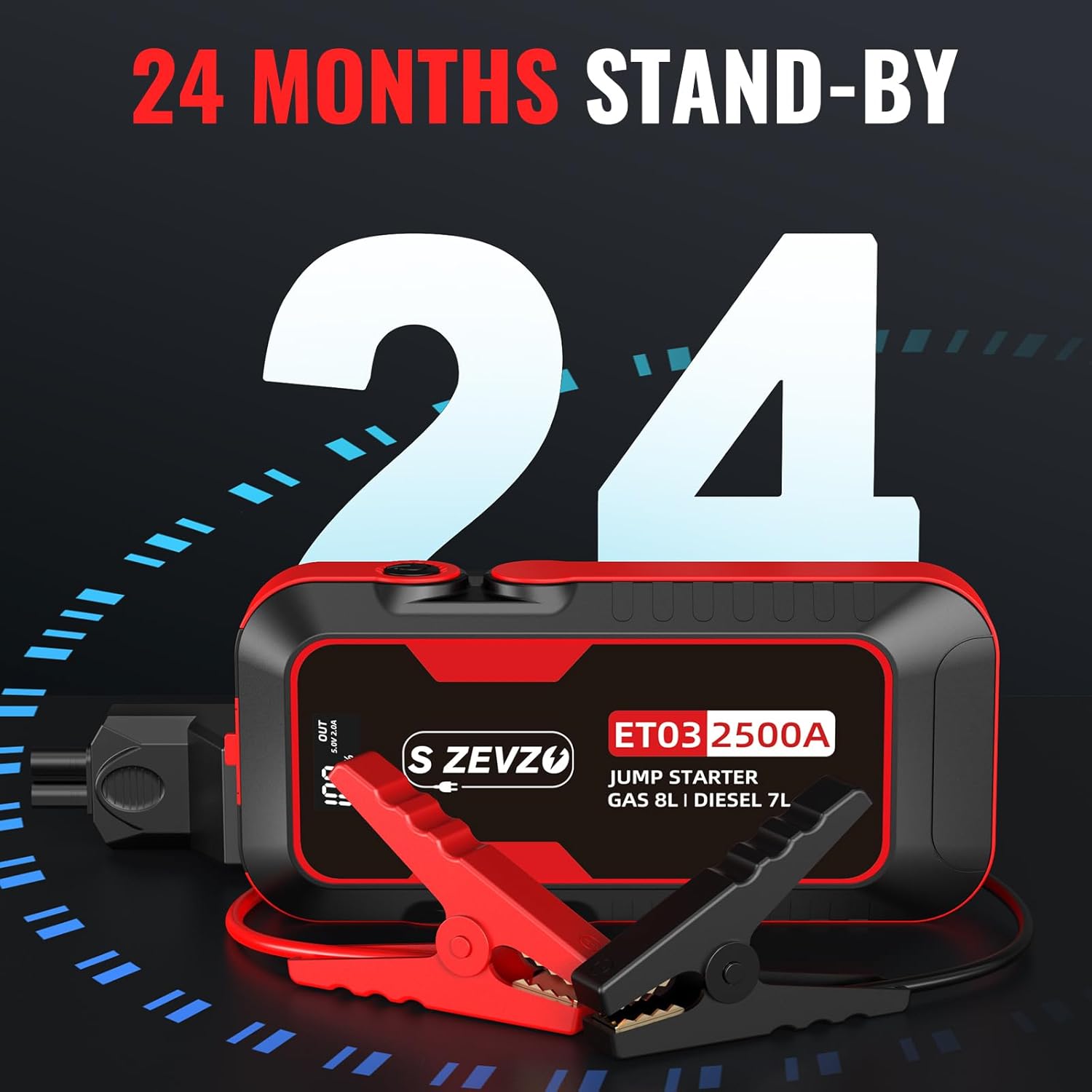 S ZEVZO ET03 Car Jump Starter 2500A Jump Starter Battery Pack for Up to 8.0L Gas and 7.0L Diesel Engines, 74Wh Portable 12V Jump Box