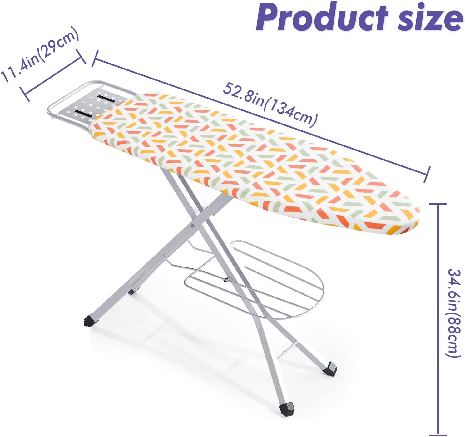 BKTD Ironing Board, Heat Resistant Cover Iron Board with Steam Iron Rest, Heavy Sturdy Metal Frame Legs Iron Stand, Geometric White
