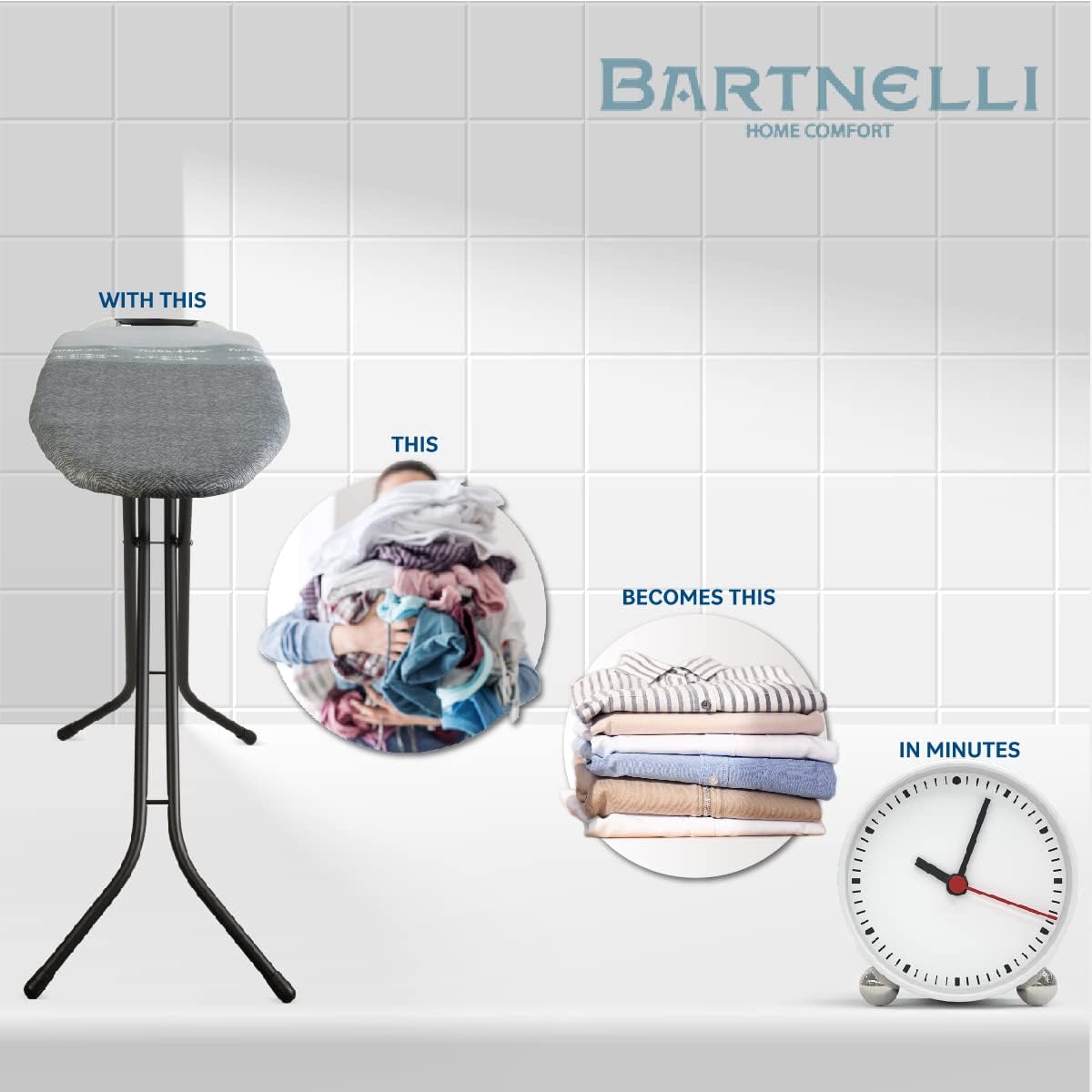 Bartnelli Classic Ironing Board with New Patent Technology, 4 Layer Cover & Pad, Height Adjustable, 4 Premium Steel Legs