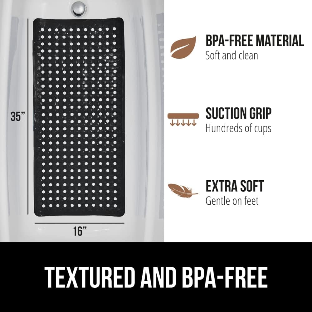 GORILLA GRIP Patented Bath Tub Shower Mat, 35x16 Washable Bathtub Floor Mats, Suction Cups and Drain Holes to Keep Tubs Clean, Black