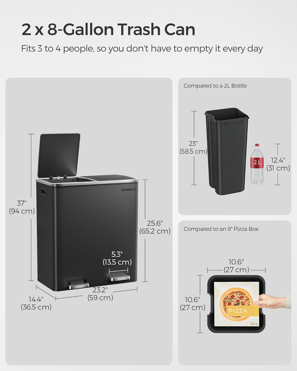 SONGMICS, Plastic, Hinged Lids, Handles Dual Garbage Can, 16 Gal (60L) Rubbish 15 Trash Bags, 2 x 8 Gallon, Black