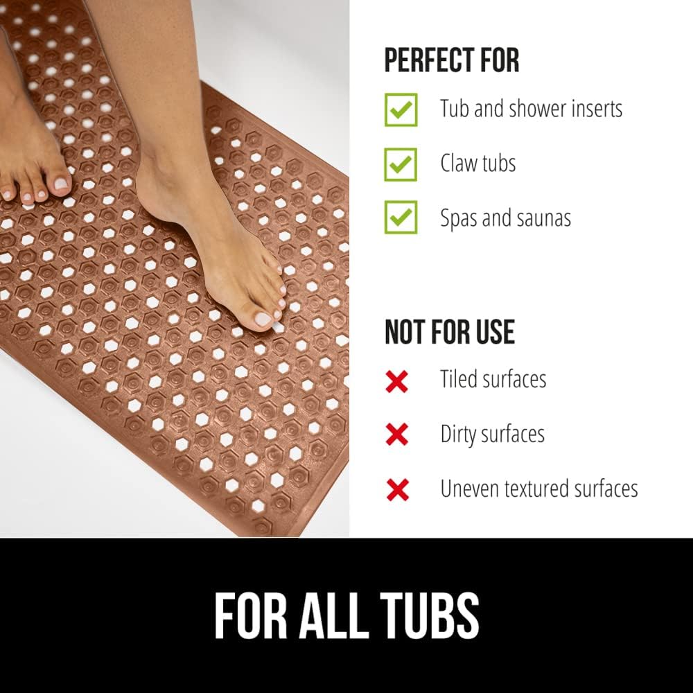 GORILLA GRIP Patented Bath Tub Shower Mat, 35x16 Washable Bathtub Floor Mats, Suction Cups and Drain Holes to Keep Tubs Clean, Brown