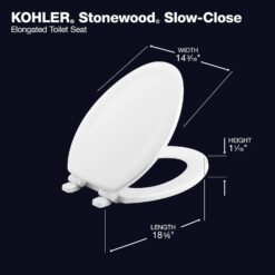 KOHLER 20466-0 Stonewood Elongated Toilet Seat with Quiet-Close Lid, Molded Wood Toilet Seat, White