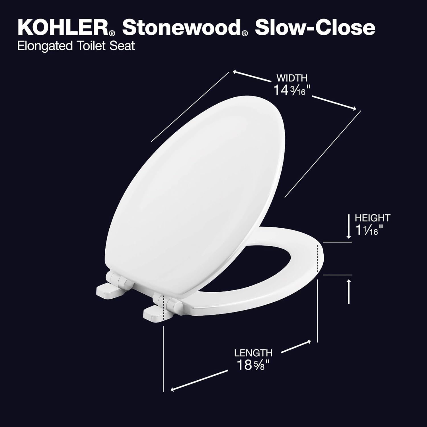 KOHLER 20466-0 Stonewood Elongated Toilet Seat with Quiet-Close Lid, Molded Wood Toilet Seat, White