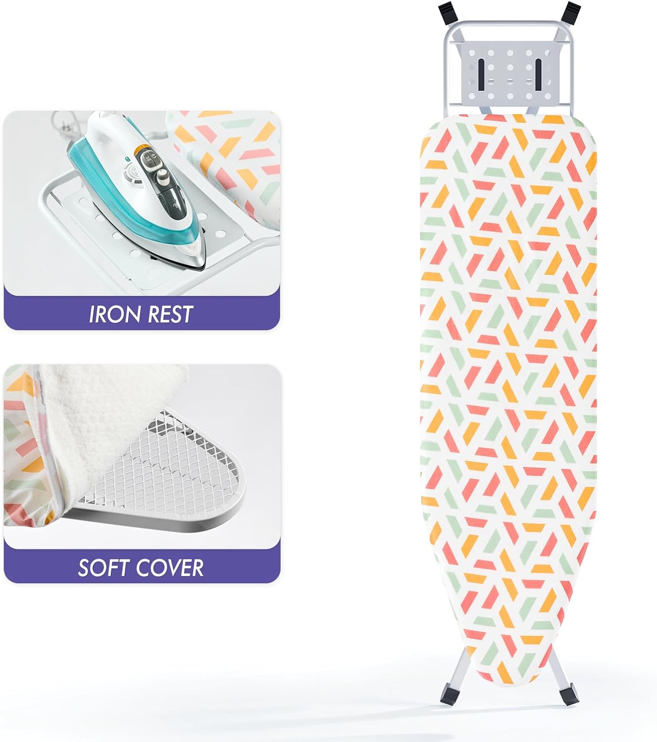 BKTD Ironing Board, Heat Resistant Cover Iron Board with Steam Iron Rest, Heavy Sturdy Metal Frame Legs Iron Stand, Geometric White