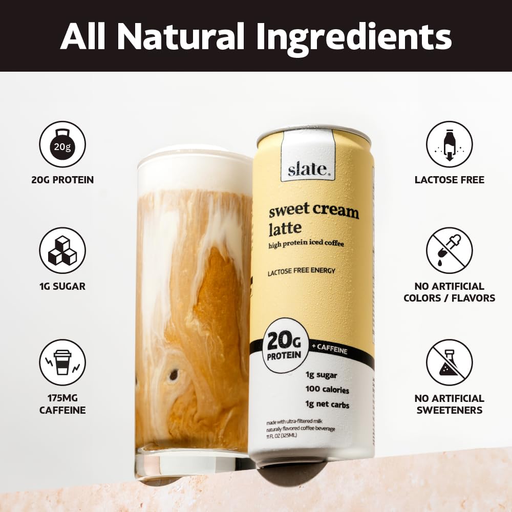Slate Milk - Sweet Cream Latte, No Sugar Added - Protein Coffee - 11 fl oz, 12 Cans