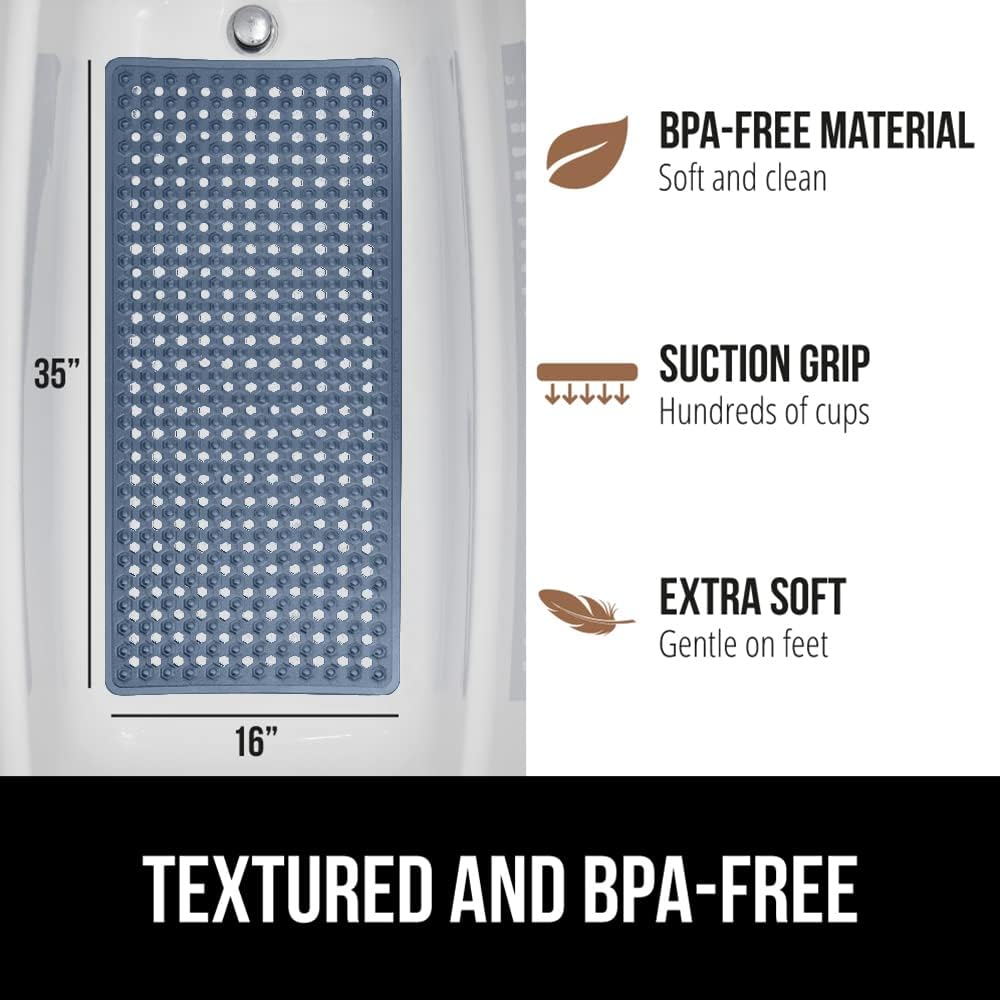 GORILLA GRIP Patented Bath Tub Shower Mat, 35x16 Washable Bathtub Floor Mats, Suction Cups and Drain Holes to Keep Tubs Clean, Navy