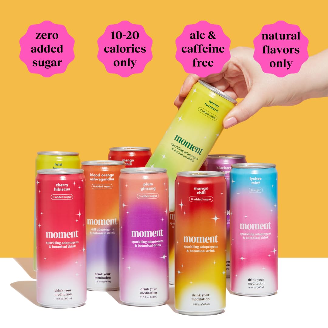 Moment Botanical Soda Soft Drink (Shark Tank), L-Theanine & Ashwagandha for Calm & Clarity 12-pack