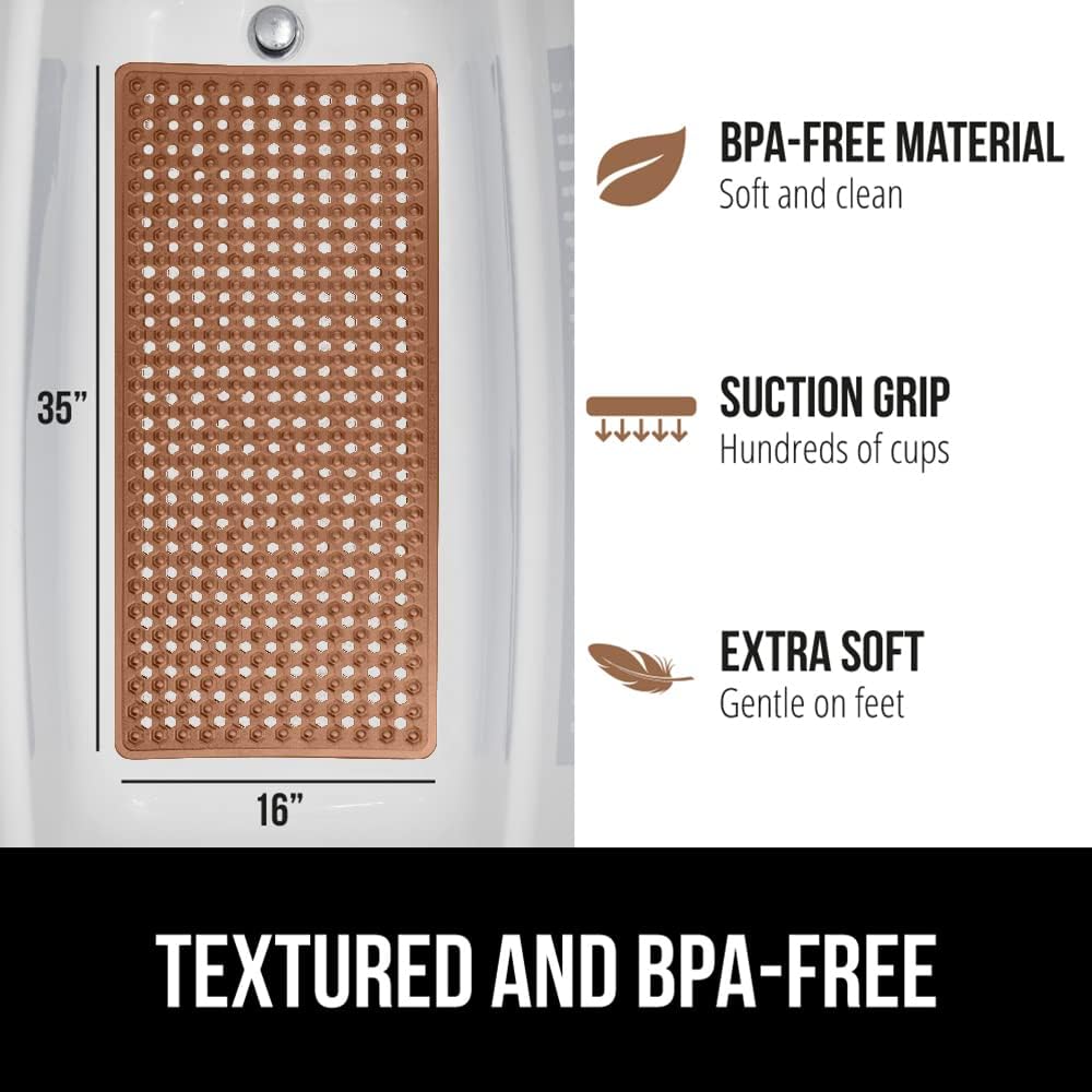 GORILLA GRIP Patented Bath Tub Shower Mat, 35x16 Washable Bathtub Floor Mats, Suction Cups and Drain Holes to Keep Tubs Clean, Brown