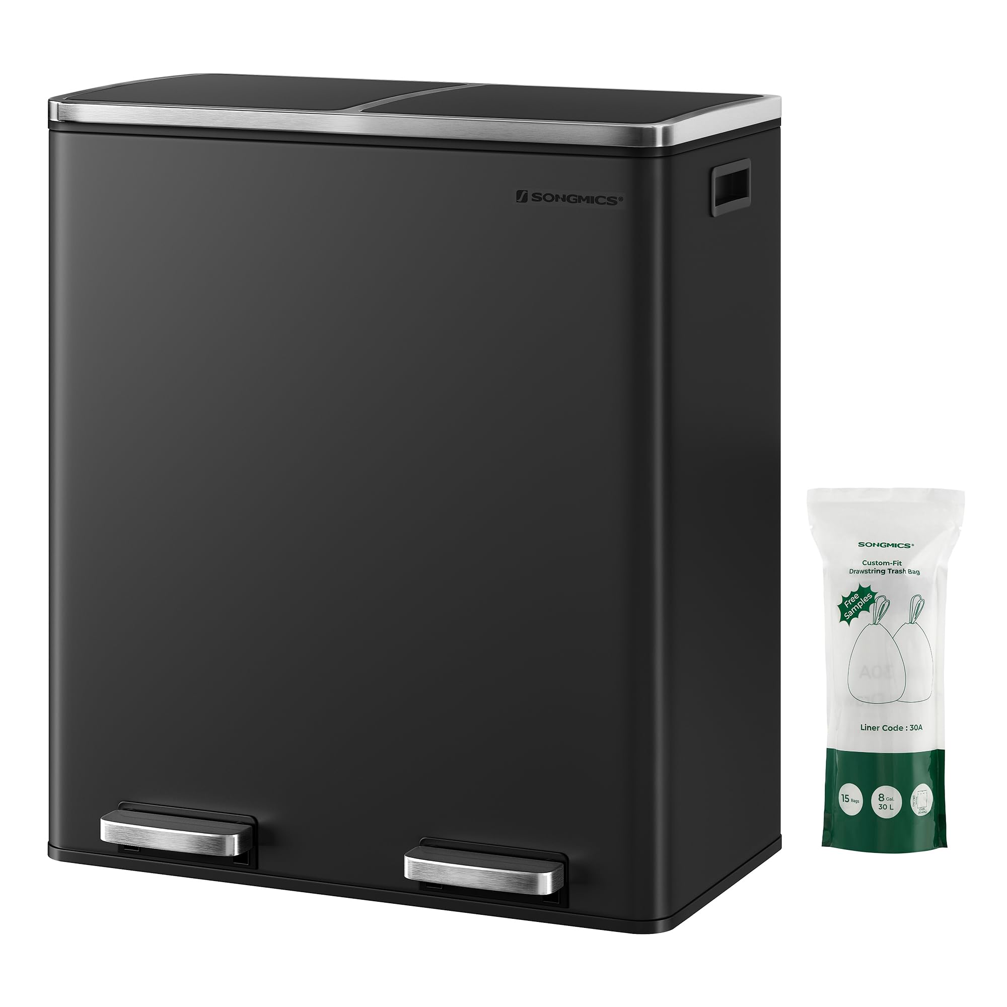 SONGMICS, Plastic, Hinged Lids, Handles Dual Garbage Can, 16 Gal (60L) Rubbish 15 Trash Bags, 2 x 8 Gallon, Black