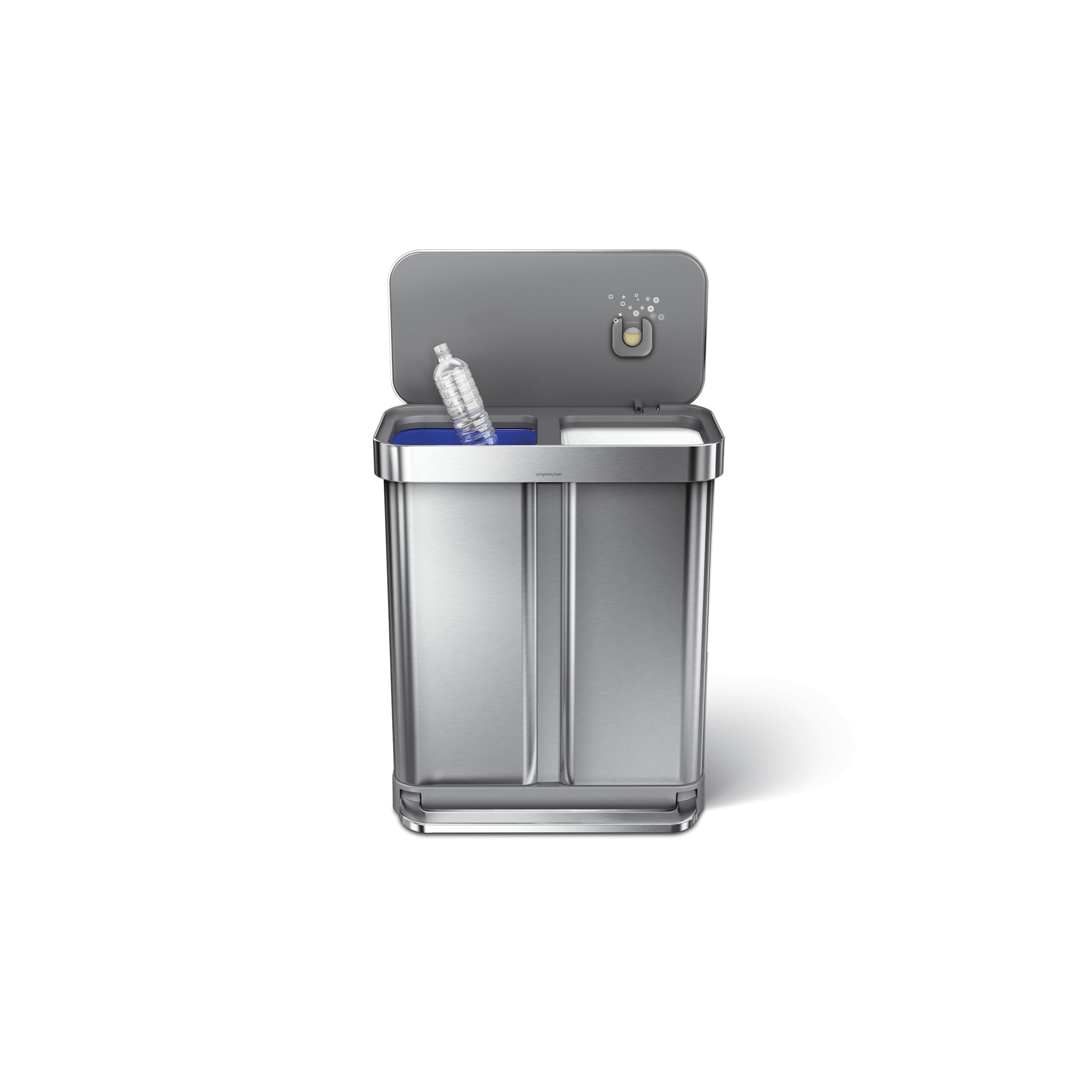 simplehuman 58 Liter, 15.3 Gallon Rectangular Hands-Free Dual Compartment Recycling Kitchen Step Trash Can, Brushed Stainless Steel